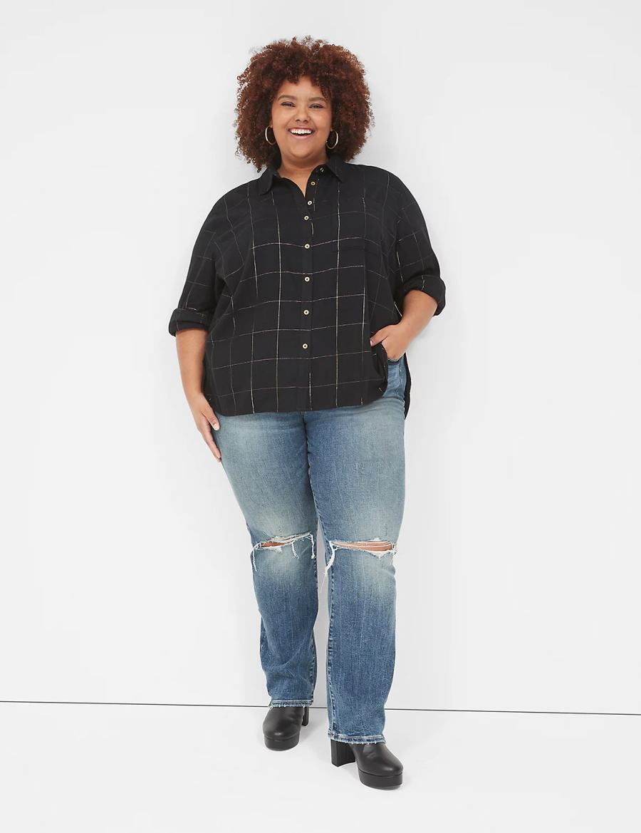 Lane Bryant Lurex Button-Down Plaid Flannel Women Shirts Black | VBB5960EE