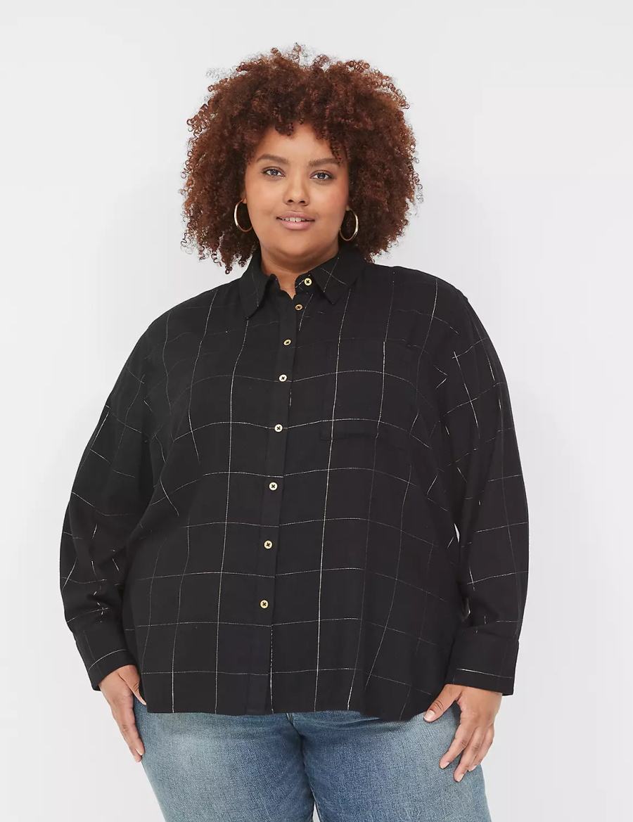 Lane Bryant Lurex Button-Down Plaid Flannel Women Shirts Black | VBB5960EE