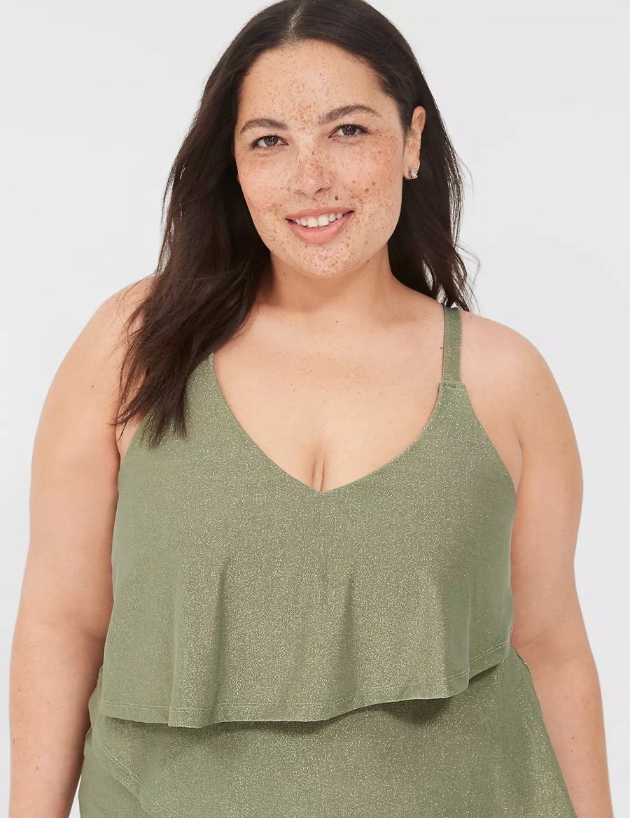 Lane Bryant Lurex No-Wire Three-Tier Tankini Women Bikini Top Green | TXH3915LL