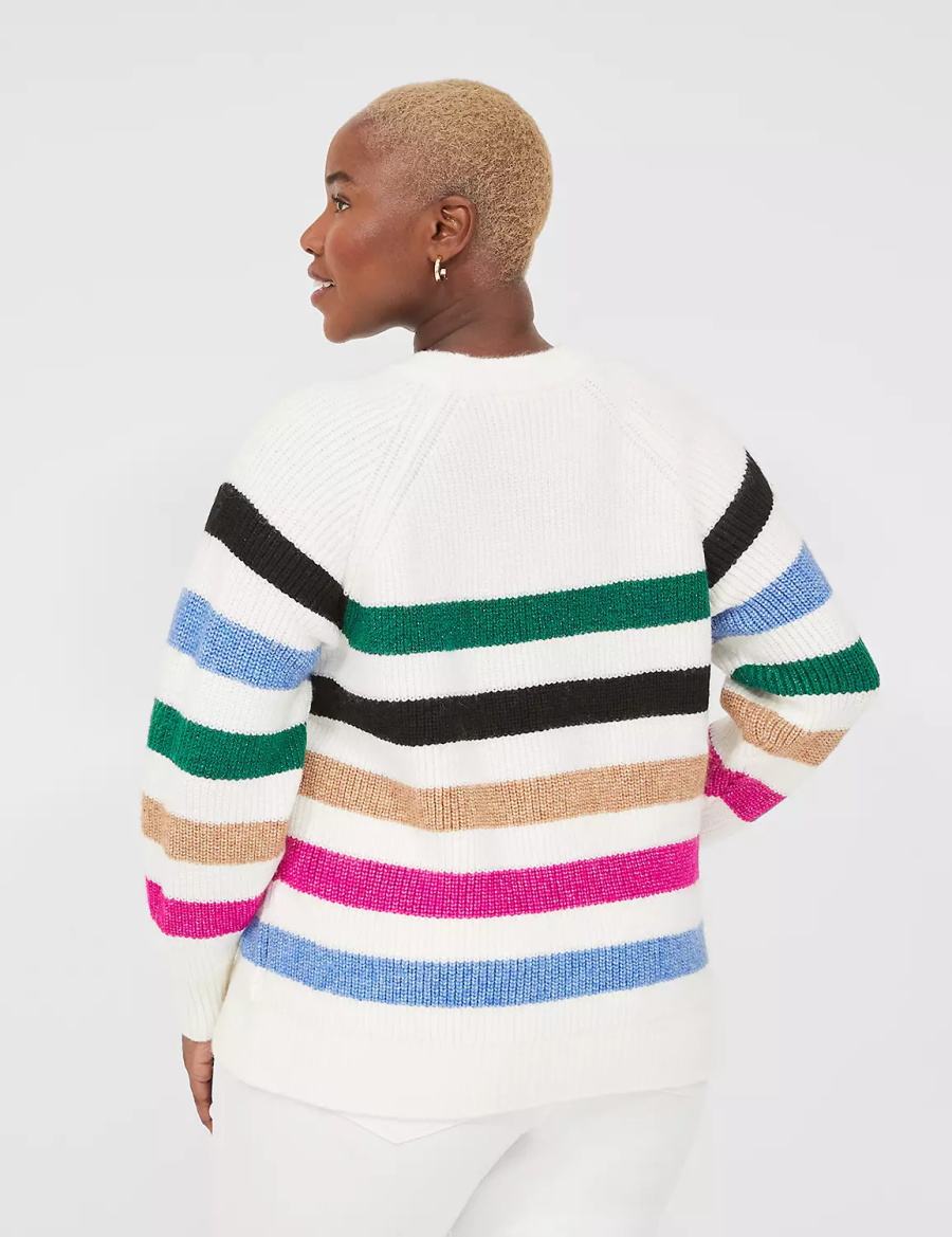 Lane Bryant Lurex Stripe Crew-Neck Women Sweaters White Stripes | HOA5292BF