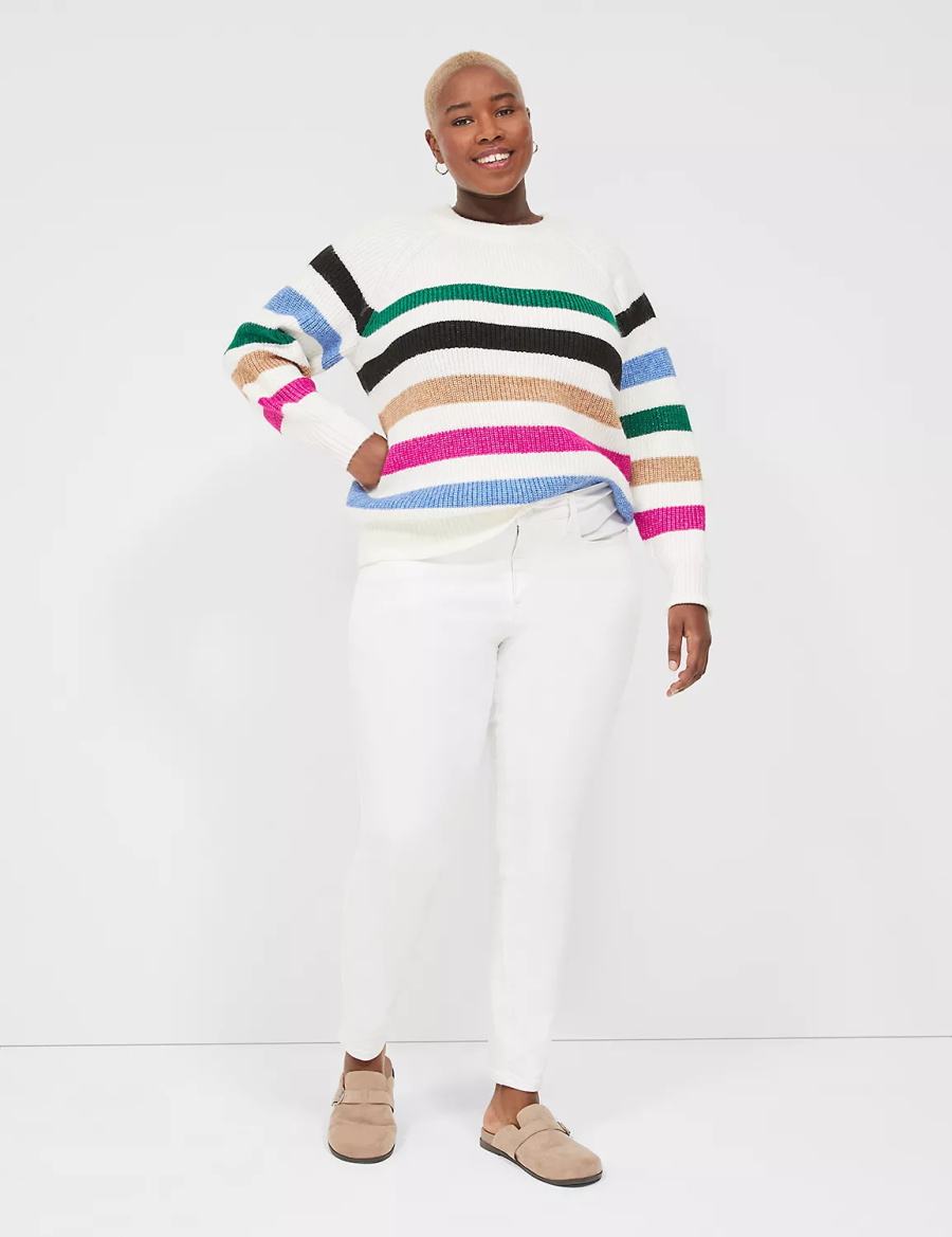 Lane Bryant Lurex Stripe Crew-Neck Women Sweaters White Stripes | HOA5292BF