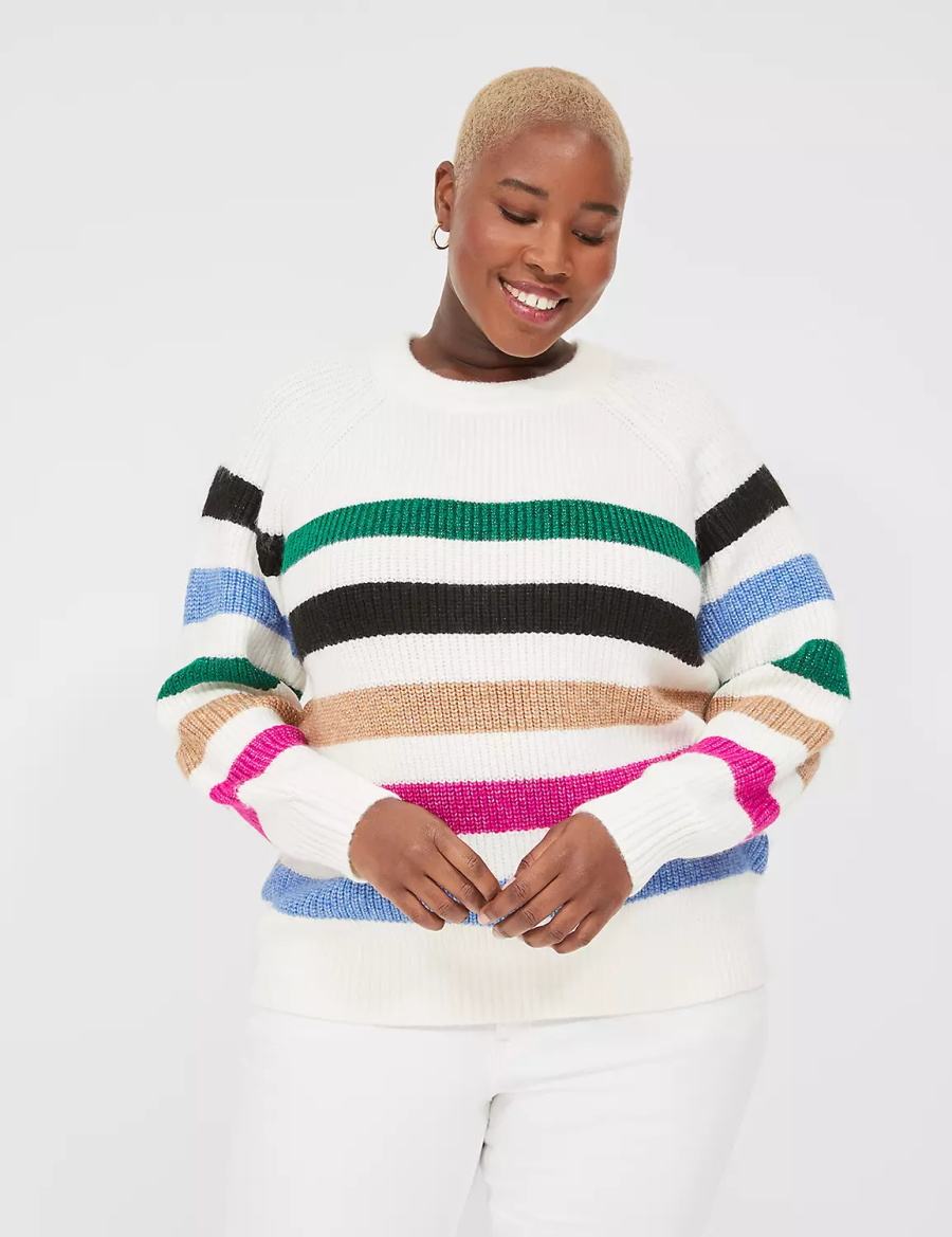 Lane Bryant Lurex Stripe Crew-Neck Women Sweaters White Stripes | HOA5292BF