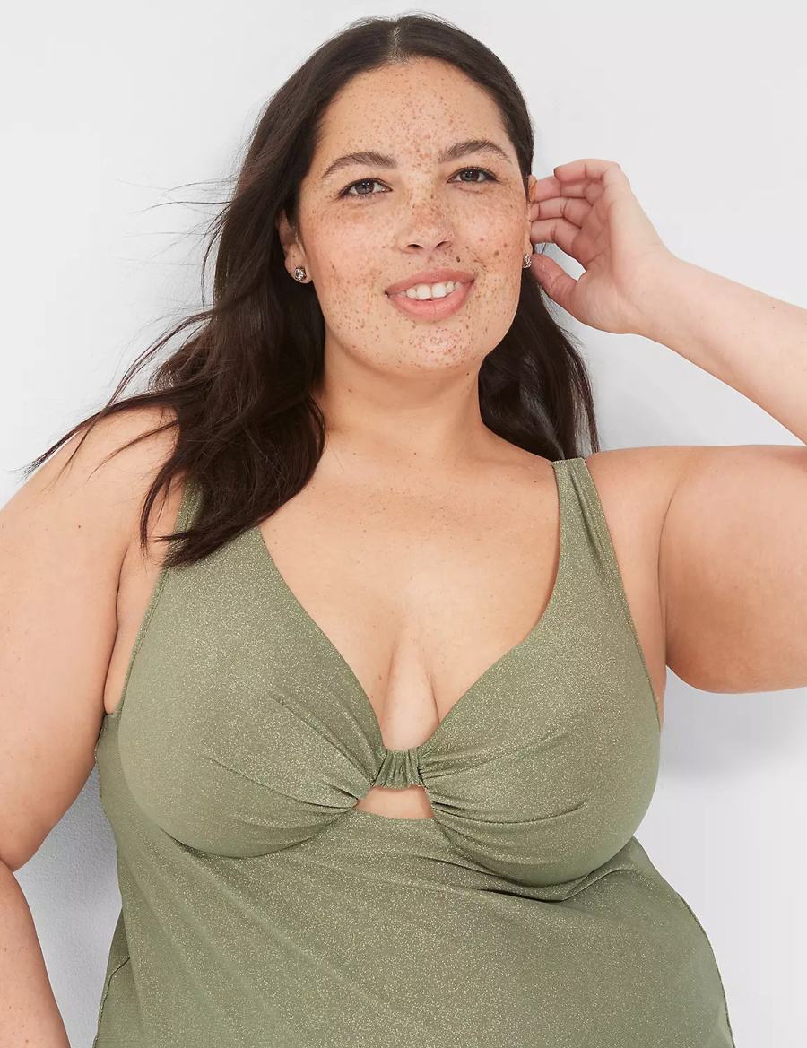 Lane Bryant Lurex Underwire Knot-Front Tankini Women Bikini Top Green | DYM6077ZB