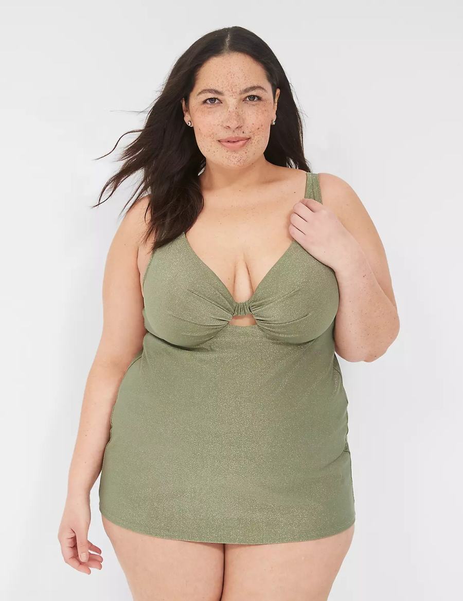 Lane Bryant Lurex Underwire Knot-Front Tankini Women Bikini Top Green | DYM6077ZB