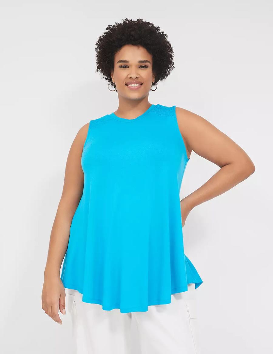 Lane Bryant Max Swing High-Neck Smocked-Shoulder Tunic Women T Shirts Blue | QVX2549ZY