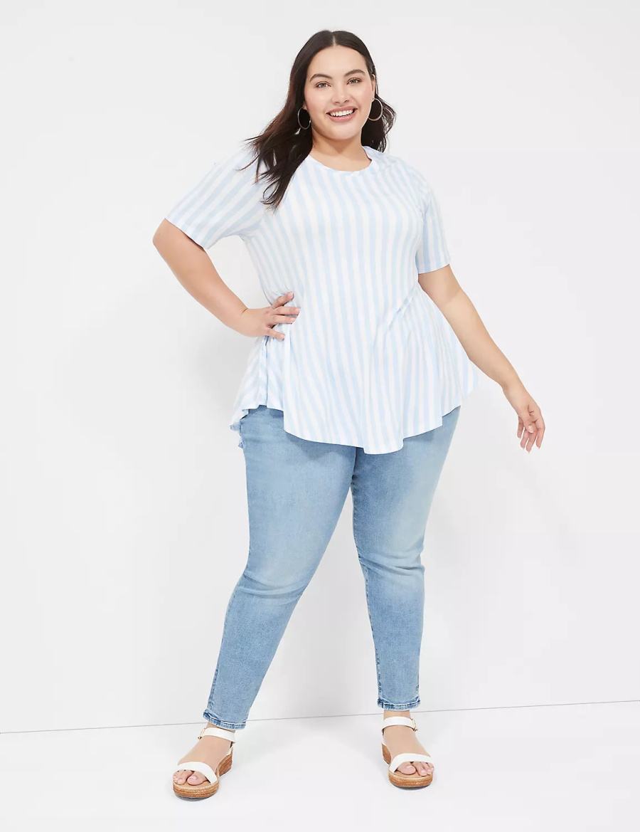 Lane Bryant Max Swing Perfect Sleeve Crew-Neck Tee Women T Shirts Light Blue Stripes | ZEC2829VP