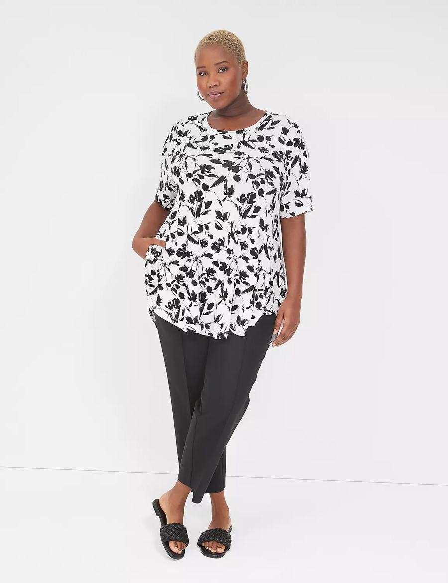 Lane Bryant Max Swing Perfect Sleeve Crew-Neck Tee Women T Shirts Black White | GYS1294XW