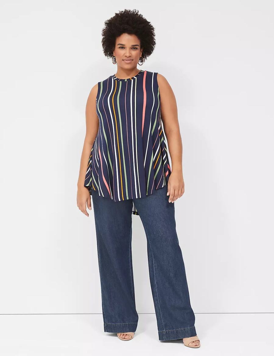 Lane Bryant Max Swing Sleeveless High-Neck Tunic Women T Shirts Navy Stripes | IYN6365OE