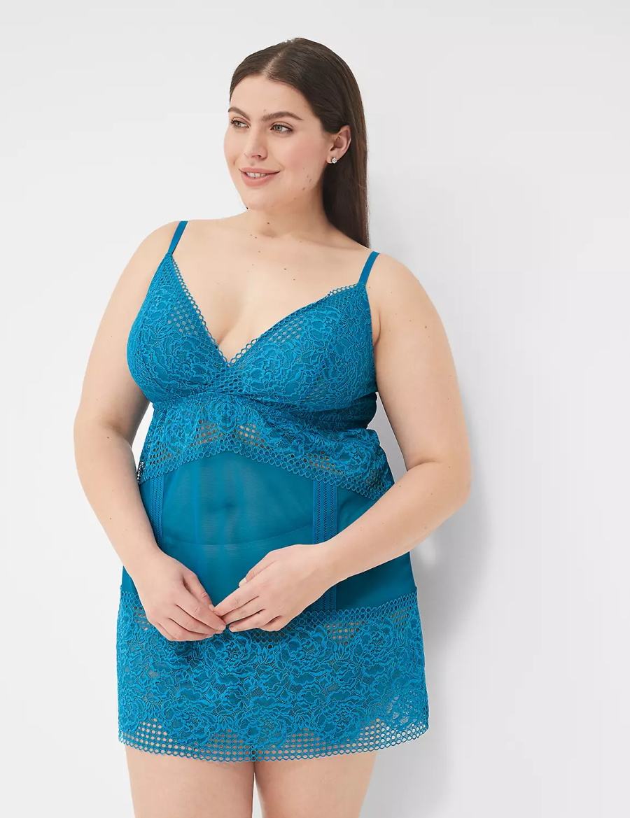 Lane Bryant Mesh & Lace Slip Women Dress Blue | HBV9469RO