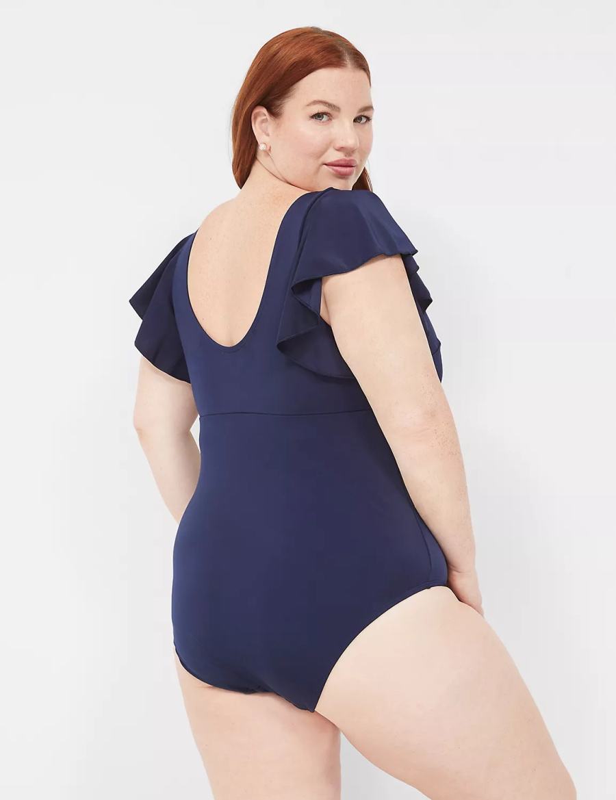 Lane Bryant No-Wire Flutter-Sleeve One-Piece Women Swimsuits Blue | UIS815VY