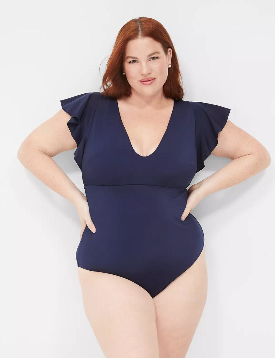 Lane Bryant No-Wire Flutter-Sleeve One-Piece Women Swimsuits Blue | UIS815VY