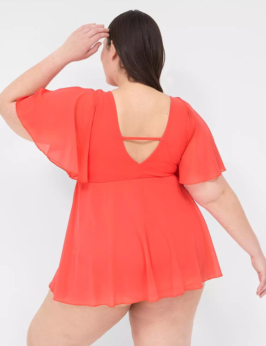 Lane Bryant No-Wire Flutter-Sleeve Swim Women Dress Coral | BUQ819KF