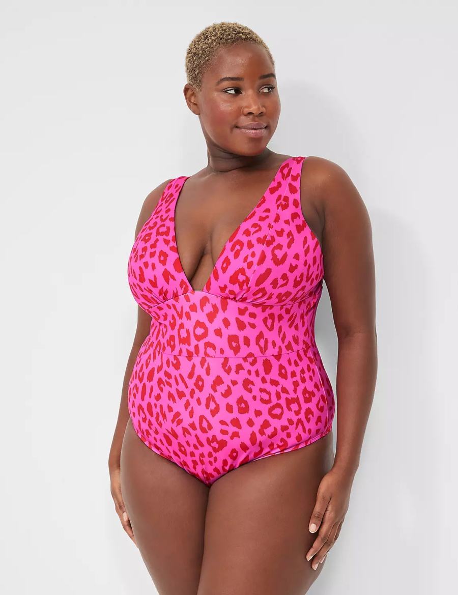 Lane Bryant No-Wire Plunge One-Piece Women Swimsuits Pink | CAS5596ZO