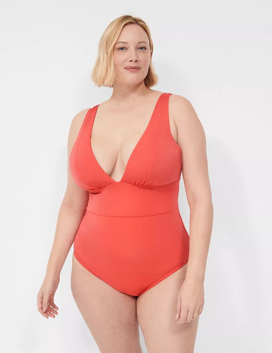 Lane Bryant No-Wire Plunge One-Piece Women Swimsuits Coral | HMA2786OD