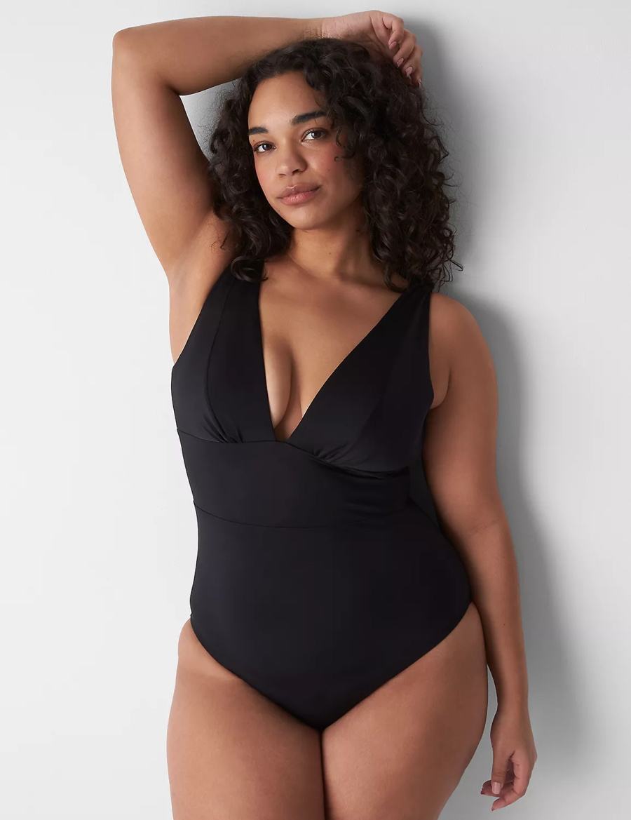 Lane Bryant No-Wire Plunge One-Piece Women Swimsuits Black | VSU1569BB