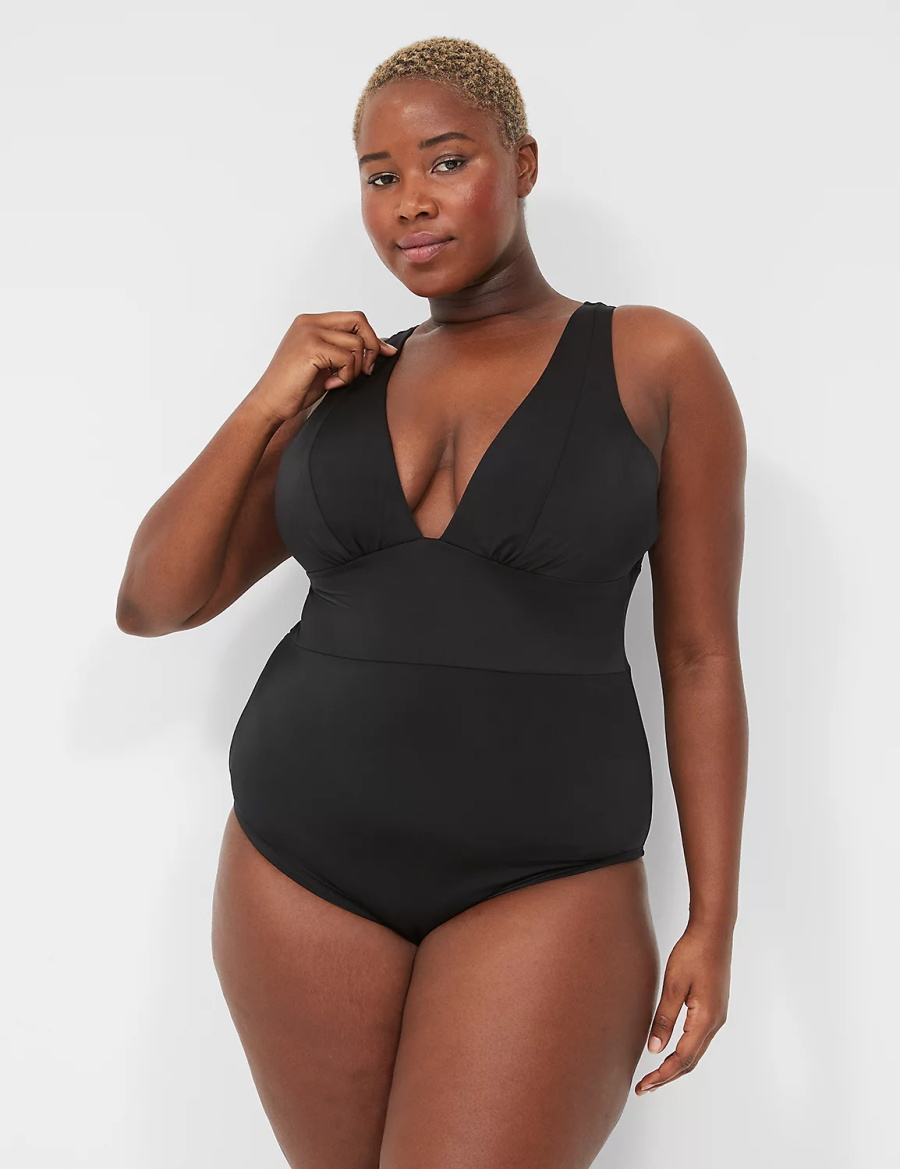 Lane Bryant No-Wire Plunge One-Piece Women Swimsuits Black | VSU1569BB