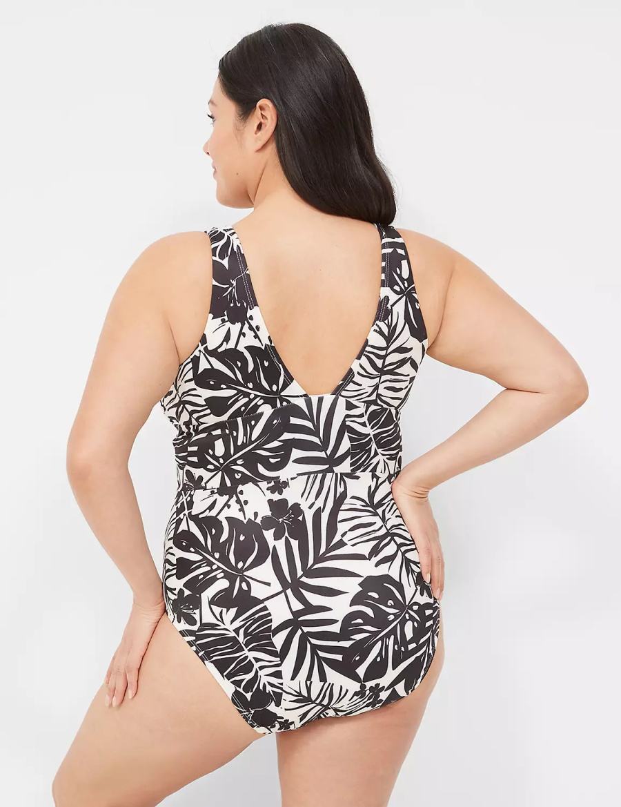 Lane Bryant No-Wire Plunge One-Piece Women Swimsuits White Black | YXH9043ZT