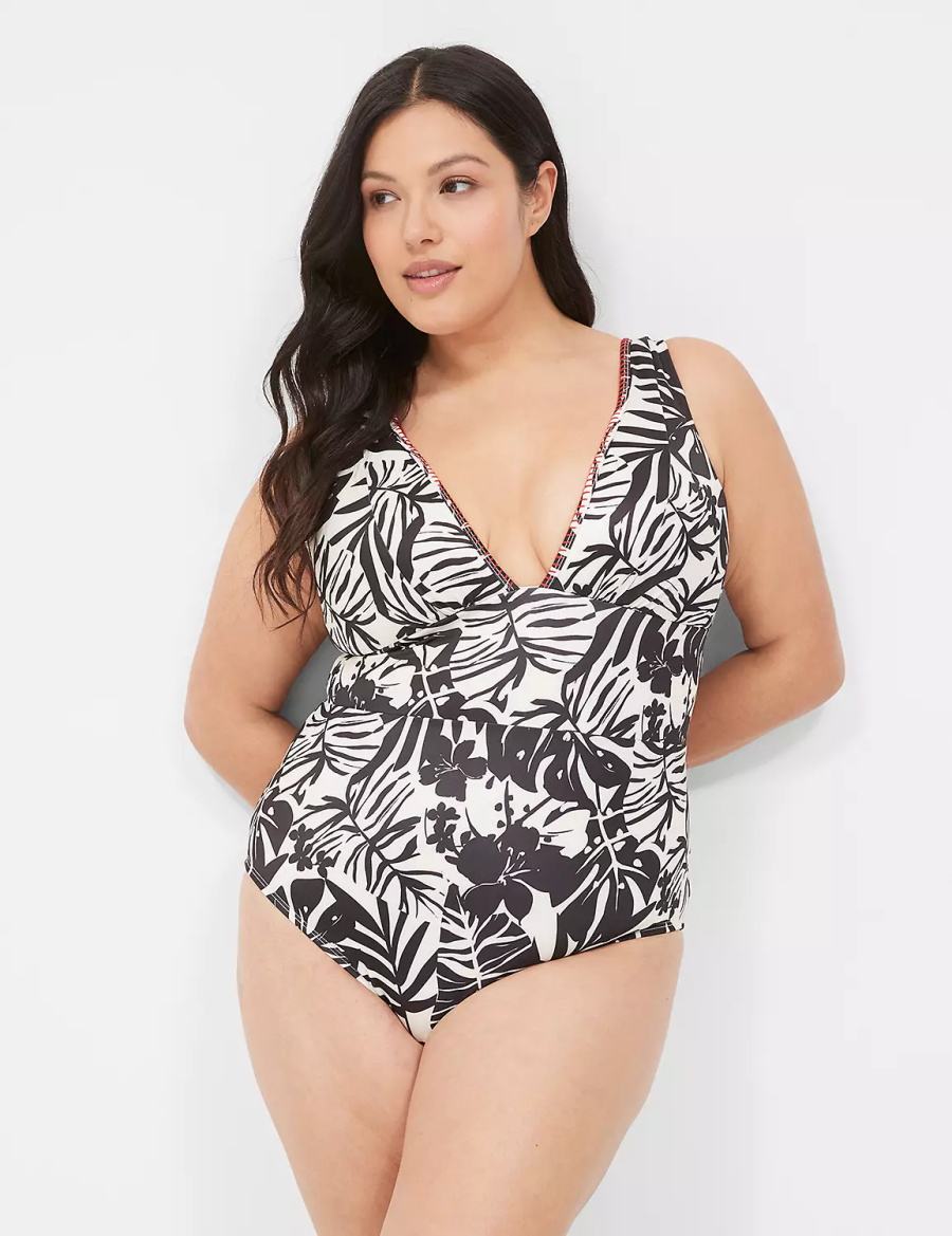 Lane Bryant No-Wire Plunge One-Piece Women Swimsuits White Black | YXH9043ZT