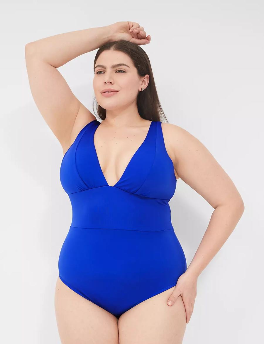 Lane Bryant No-Wire Plunge One-Piece Women Swimsuits Blue | MXX3382GX