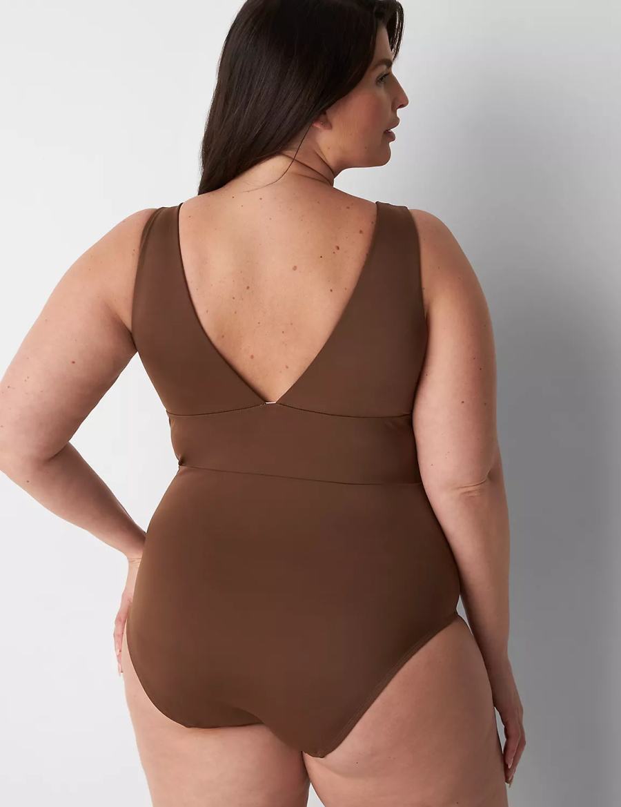 Lane Bryant No-Wire Plunge One-Piece Women Swimsuits Dark Brown | MCP1335XD