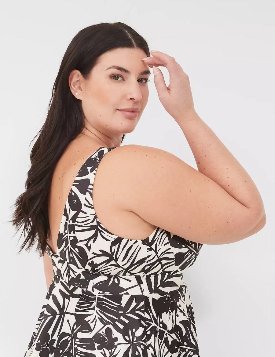 Lane Bryant No-Wire Plunge Tankini Women Bikini Top White Black | BNG2065IA