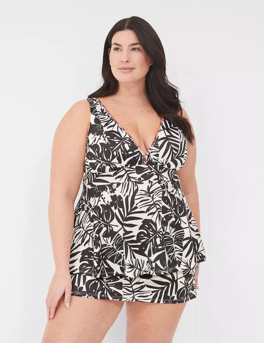 Lane Bryant No-Wire Plunge Tankini Women Bikini Top White Black | BNG2065IA