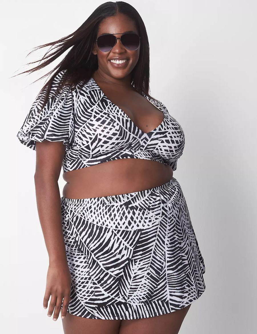 Lane Bryant No-Wire Puff-Sleeve Swim Women Bikini Top White Black | YXJ5743NW