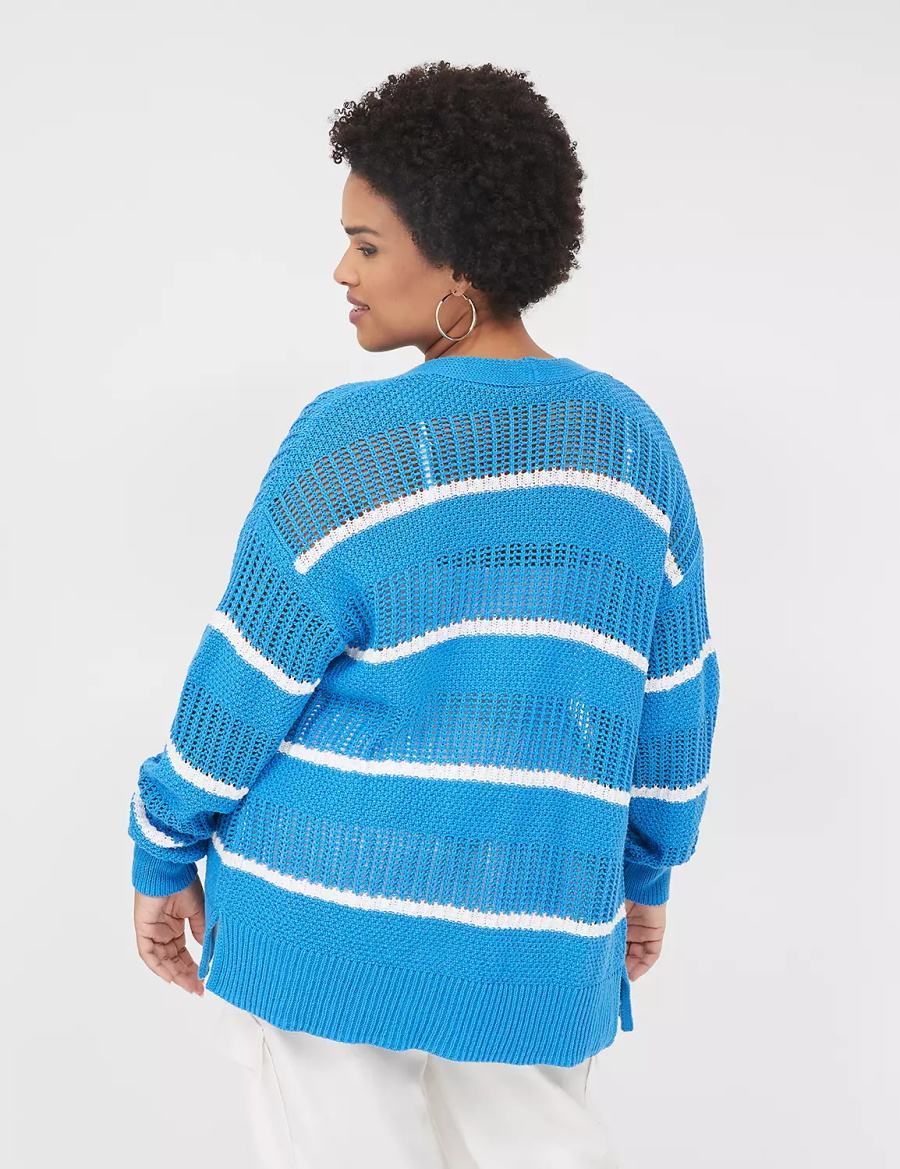 Lane Bryant Open Front Striped Women Cardigan Blue | TNL9663QJ