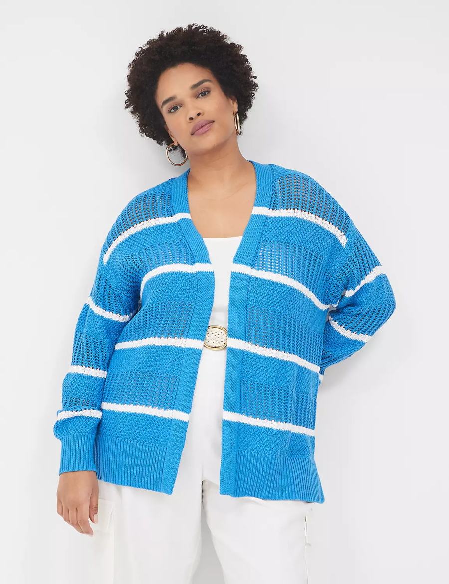 Lane Bryant Open Front Striped Women Cardigan Blue | TNL9663QJ