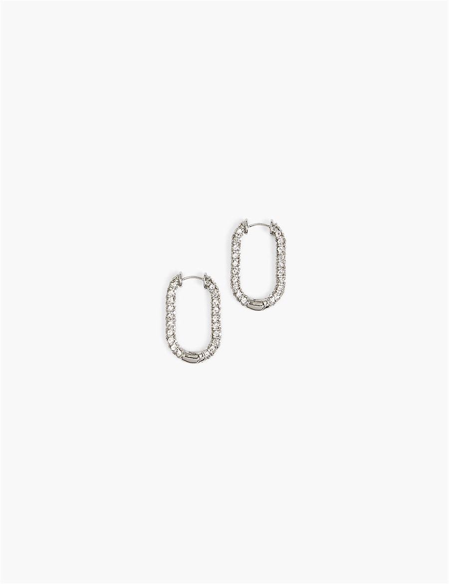 Lane Bryant Pave Oblong Women Hoop Earrings Silver | KDV1050UD