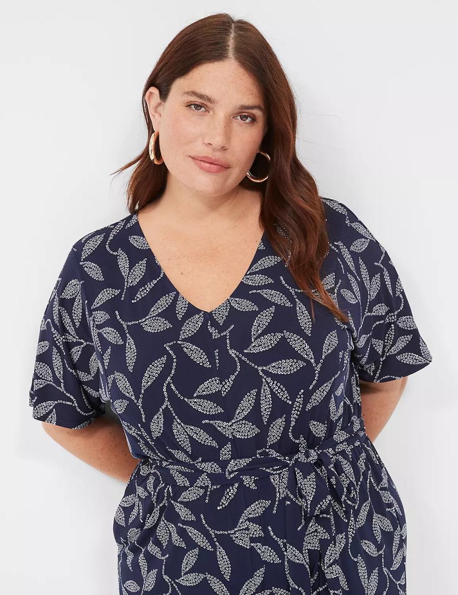 Lane Bryant Perfect Kimono Sleeve V-Neck Jersey Women Jumpsuit Dark Blue | EZR301TT