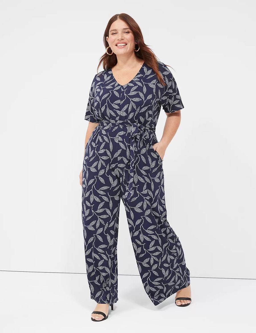 Lane Bryant Perfect Kimono Sleeve V-Neck Jersey Women Jumpsuit Dark Blue | EZR301TT