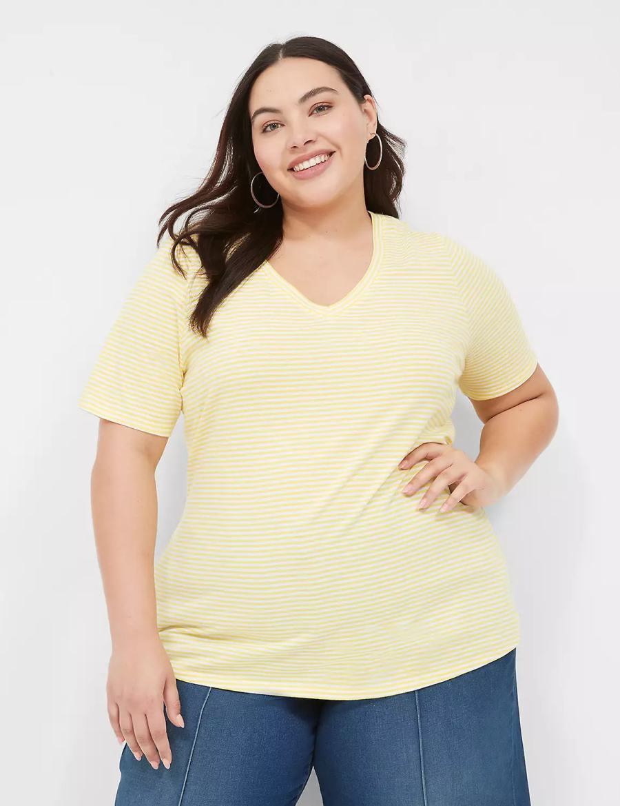 Lane Bryant Perfect Sleeve V-Neck Tee Women T Shirts Yellow Stripes | VTF8752YO