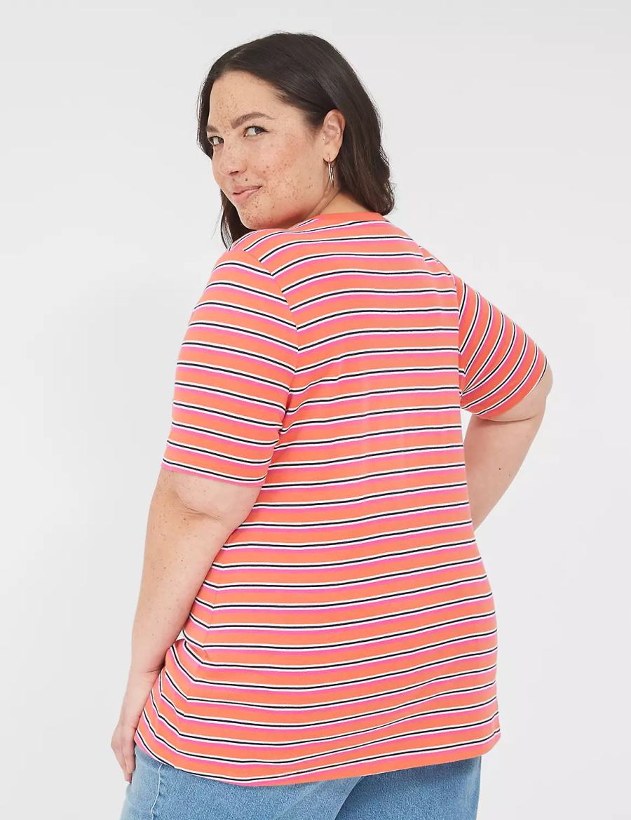 Lane Bryant Perfect Sleeve V-Neck Tee Women T Shirts Orange Stripes | GYN1690QP