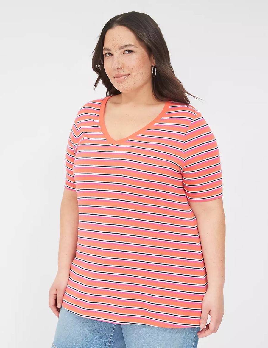 Lane Bryant Perfect Sleeve V-Neck Tee Women T Shirts Orange Stripes | GYN1690QP