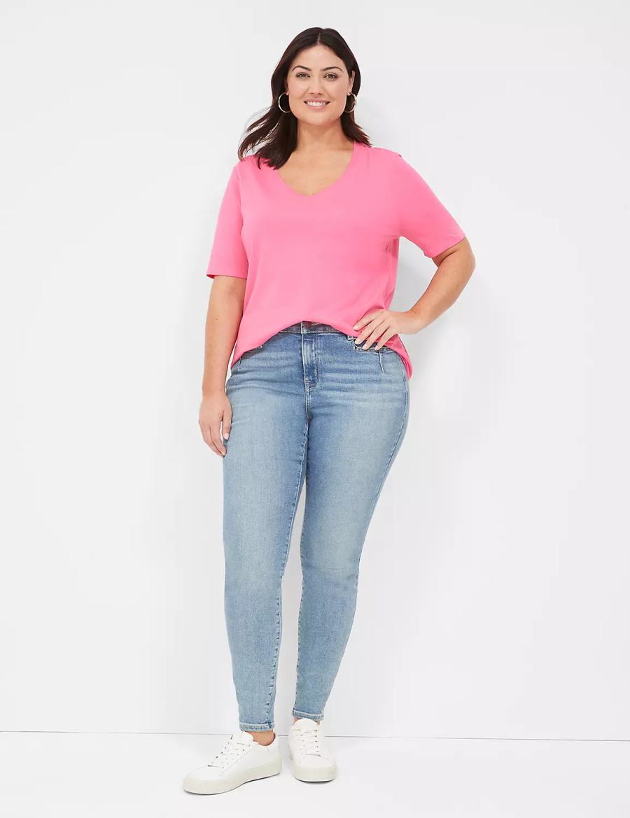 Lane Bryant Perfect Sleeve V-Neck Tee Women T Shirts Fuchsia | VHV7444PI