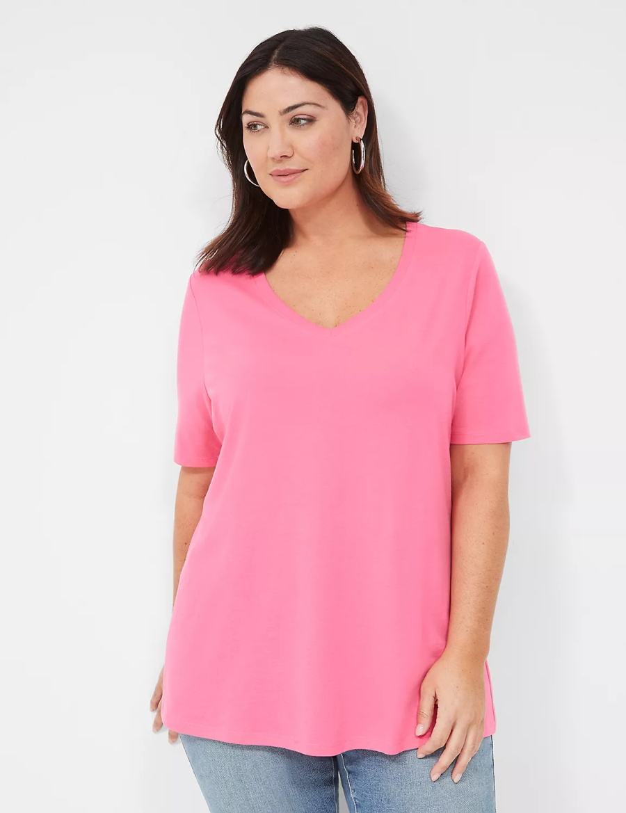 Lane Bryant Perfect Sleeve V-Neck Tee Women T Shirts Fuchsia | VHV7444PI