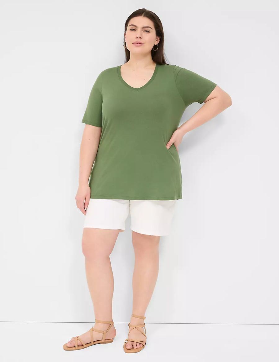 Lane Bryant Perfect Sleeve V-Neck Tee Women T Shirts Brown Green | LXW1416EG