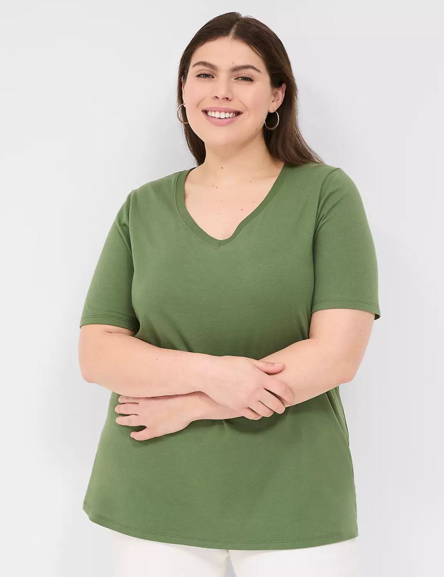 Lane Bryant Perfect Sleeve V-Neck Tee Women T Shirts Brown Green | LXW1416EG