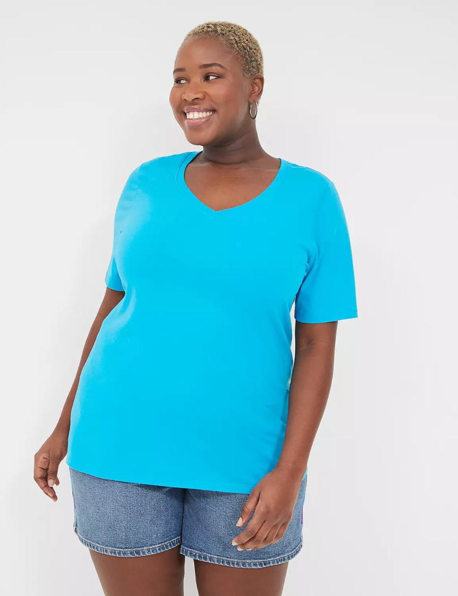 Lane Bryant Perfect Sleeve V-Neck Tee Women T Shirts Blue | LUW2815XO