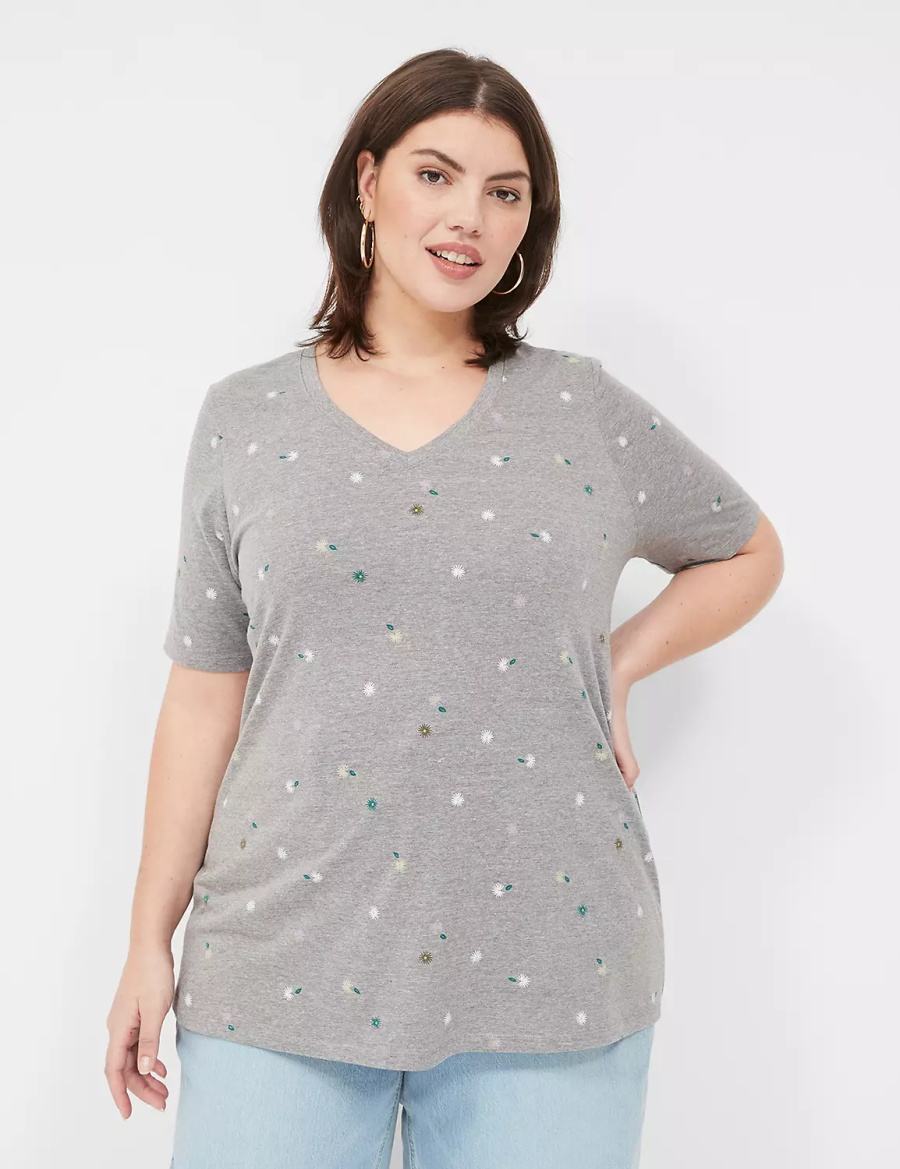 Lane Bryant Perfect Sleeve V-Neck Tee Women T Shirts Grey | GUZ3652JF