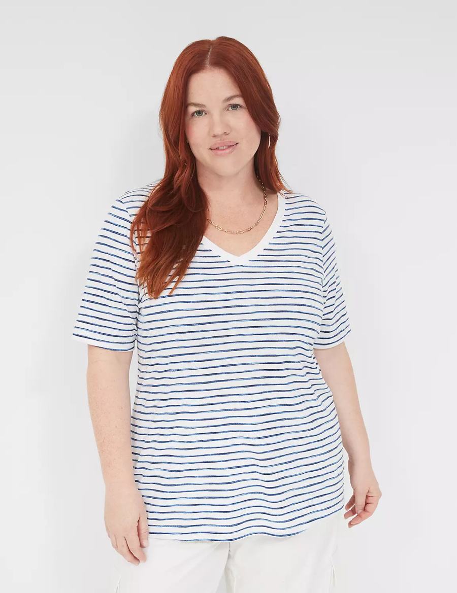 Lane Bryant Perfect Sleeve V-Neck Tee Women T Shirts White Blue | RCE415AD