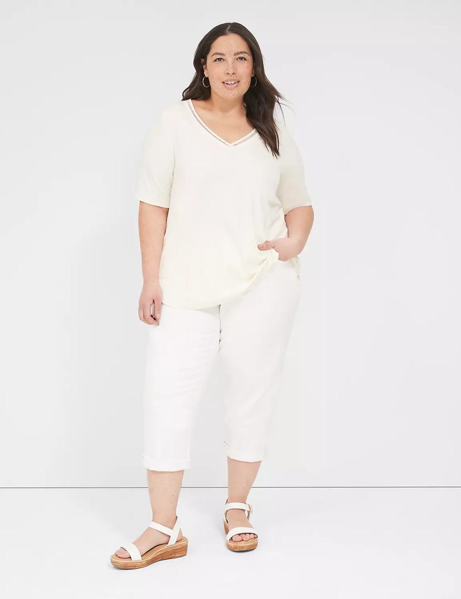 Lane Bryant Perfect Sleeve V-Neck Trim-Detail Tee Women T Shirts White | WFW4188VR