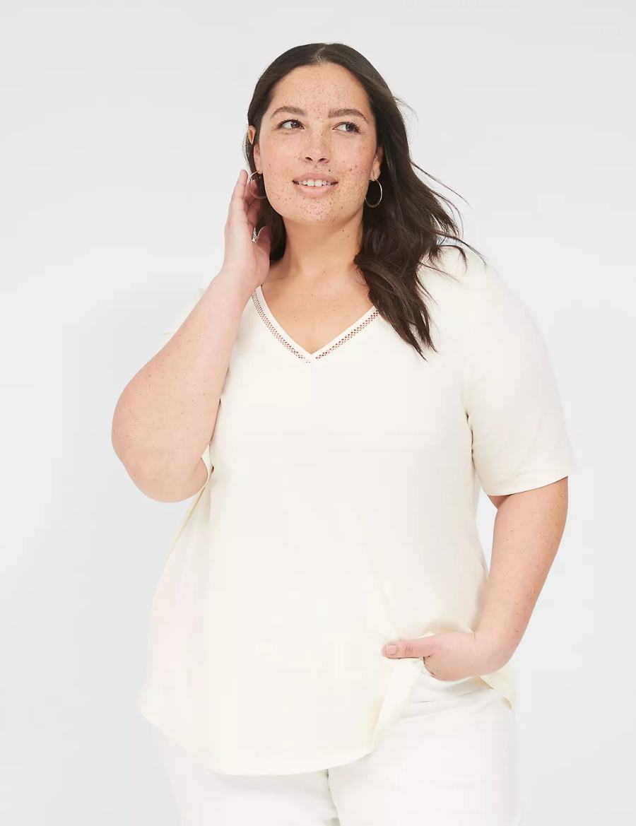 Lane Bryant Perfect Sleeve V-Neck Trim-Detail Tee Women T Shirts White | WFW4188VR