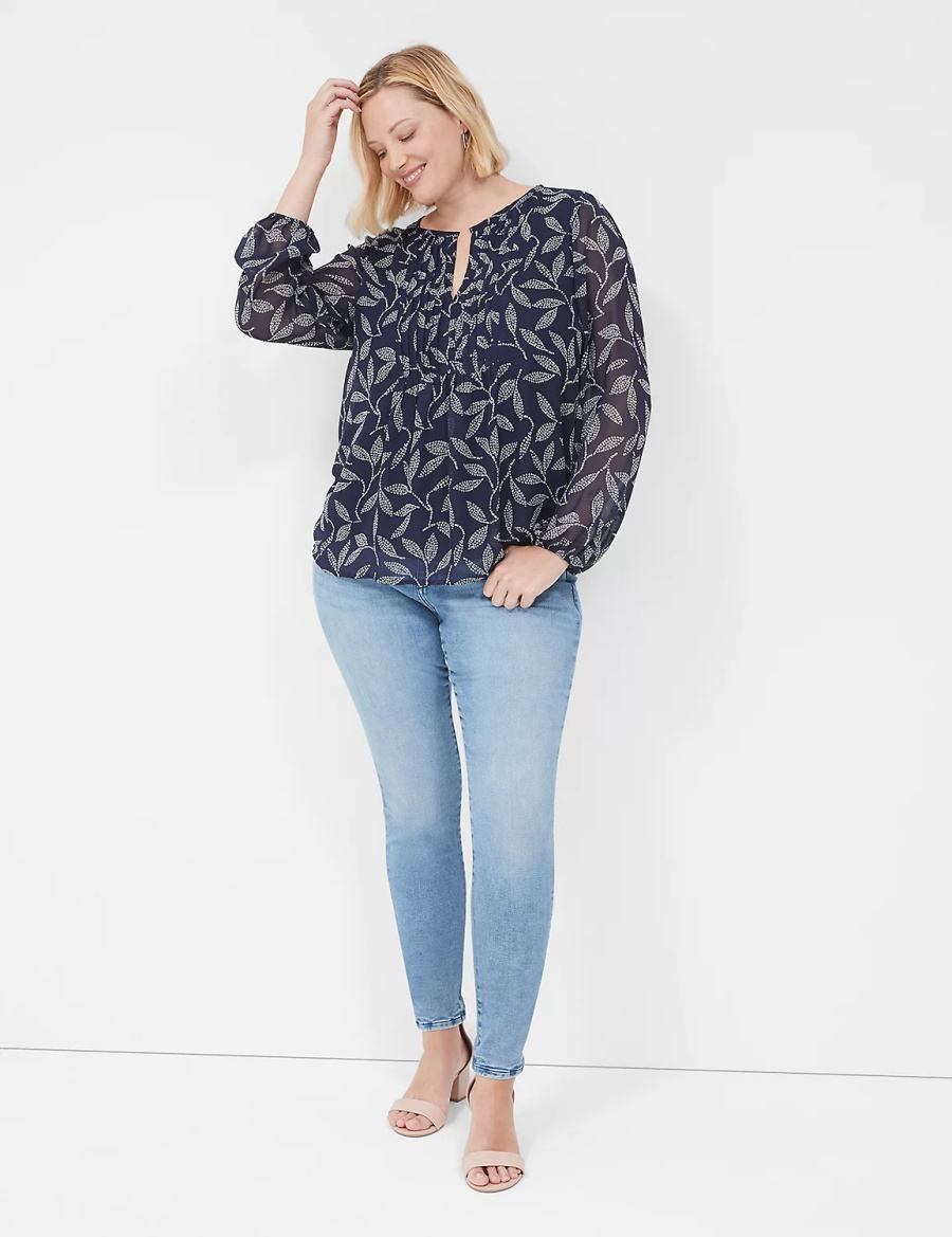 Lane Bryant Pin-Tuck Crew-Neck Women Blouse Navy | UYM1556MO