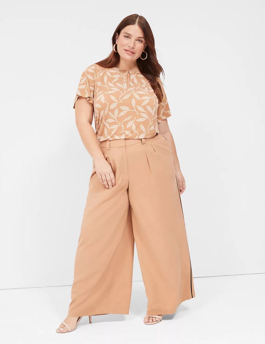 Lane Bryant Pleated Wide Leg With Side-Trim Women Pants Brown | ENQ4174RA