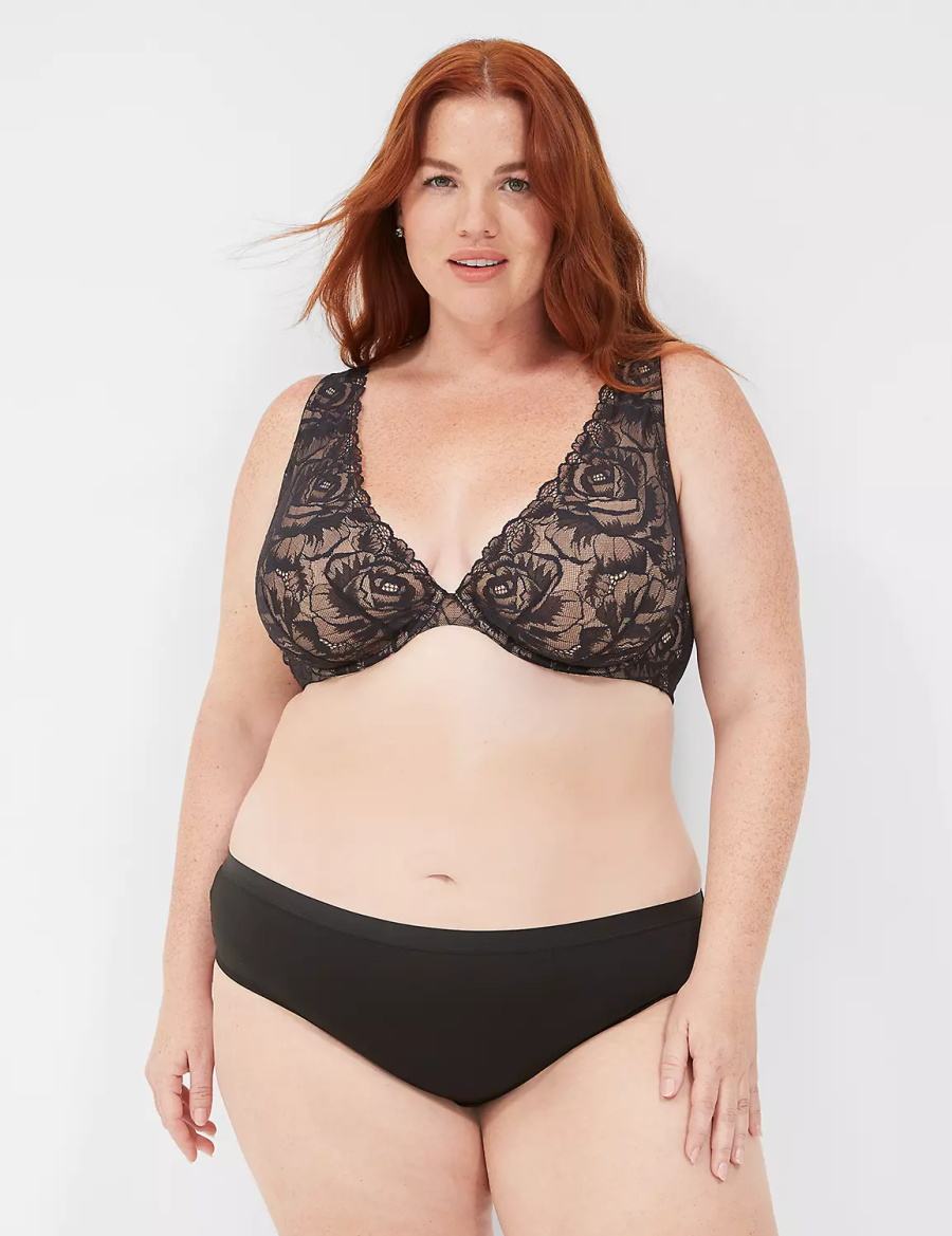 Lane Bryant Plunge with Lace Women Unlined Bra Black | BRN5286QQ