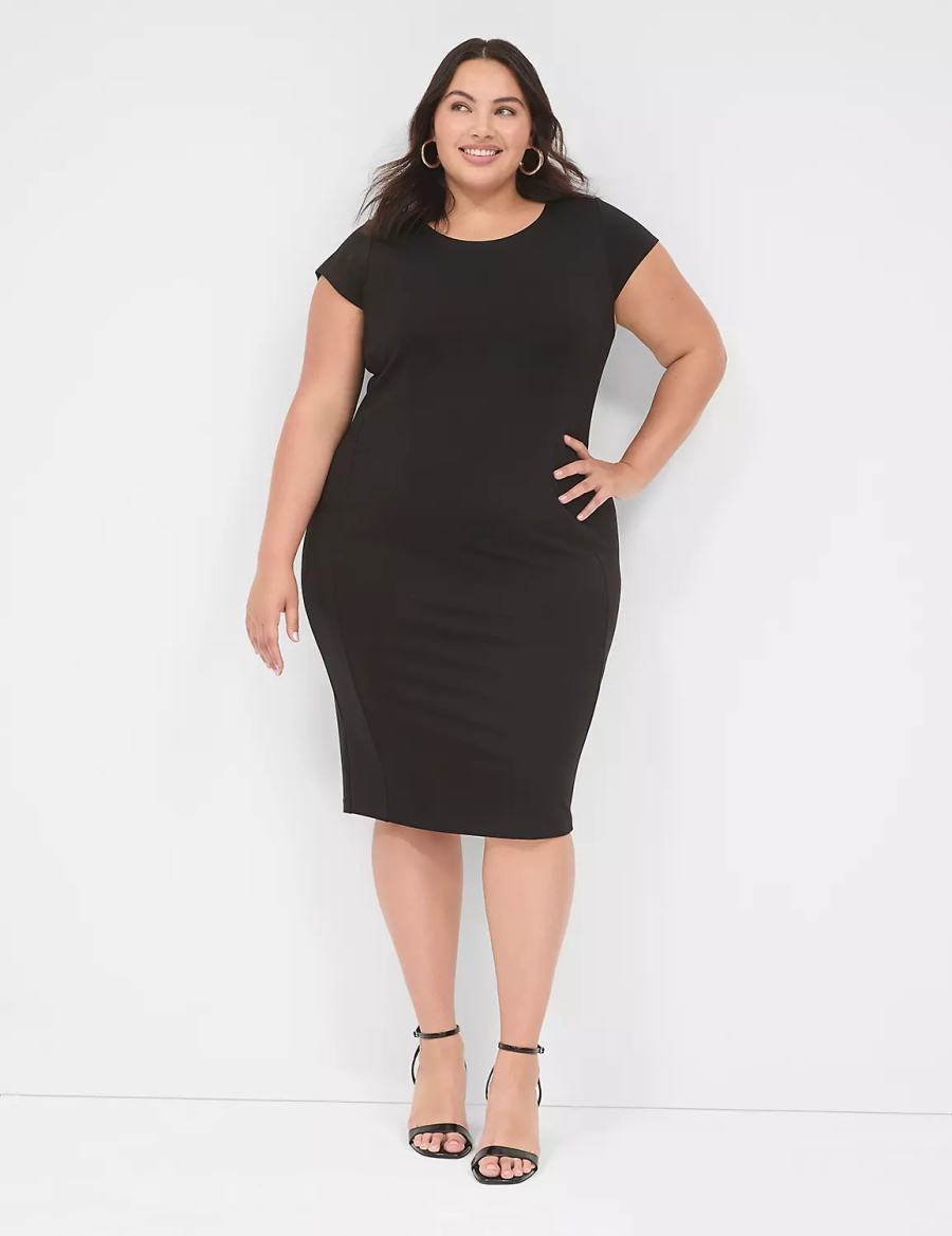 Lane Bryant Ponte Cap-Sleeve Crew-Neck Women Casual Dress Black | MKT9033YN