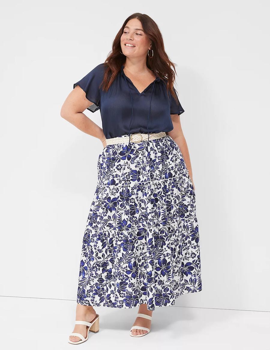 Lane Bryant Poplin Tiered Maxi Women Skirts Navy White | VFU827FB