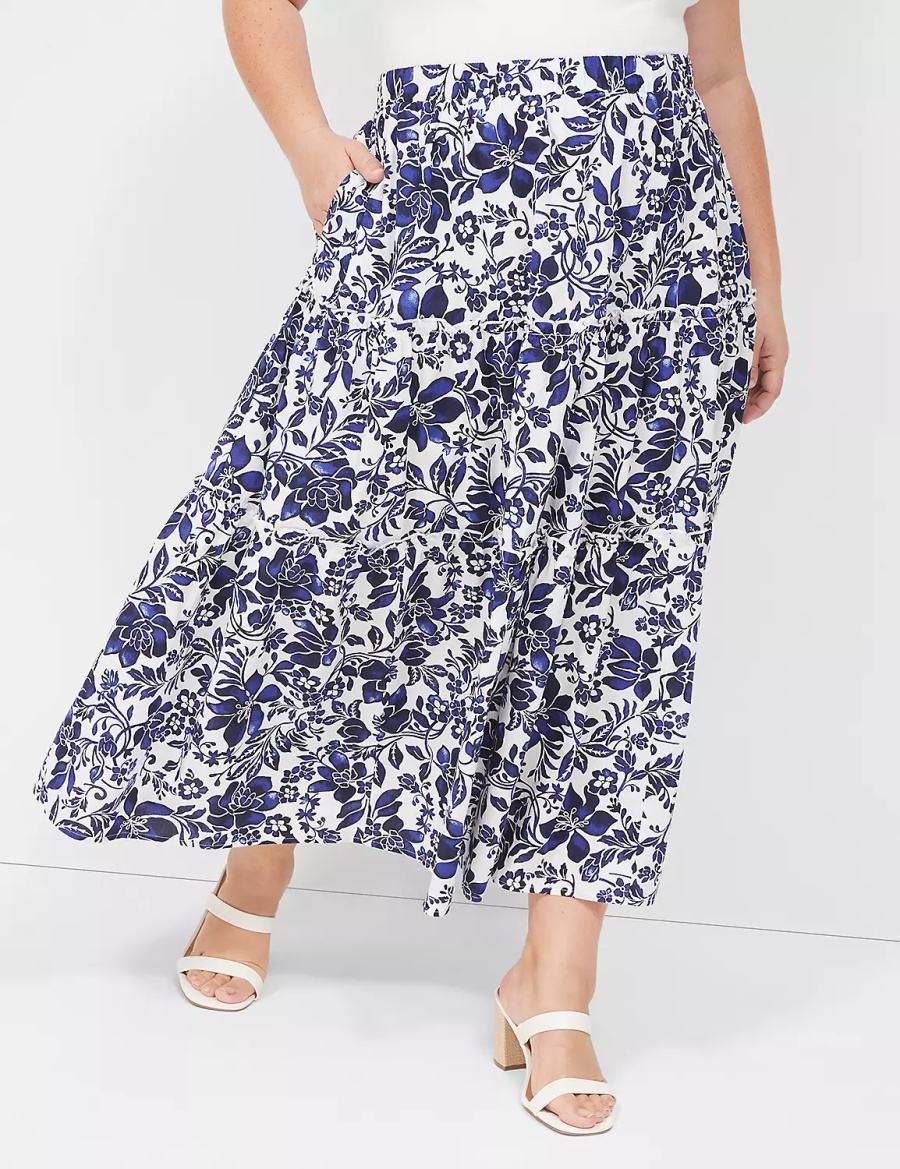 Lane Bryant Poplin Tiered Maxi Women Skirts Navy White | VFU827FB